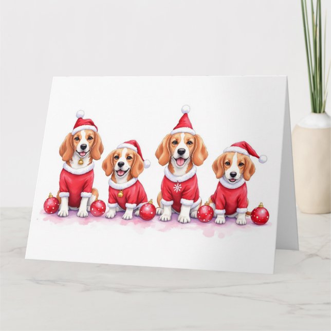 Beagle Christmas Dress Santa Hat Card (Front)