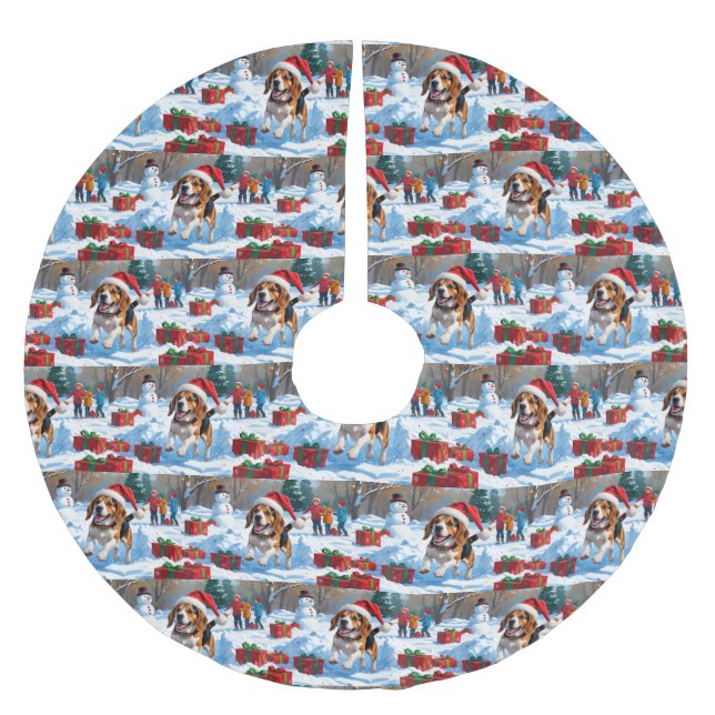 Beagle Christmas Festive Snow Scene Brushed Polyester Tree Skirt (Front)