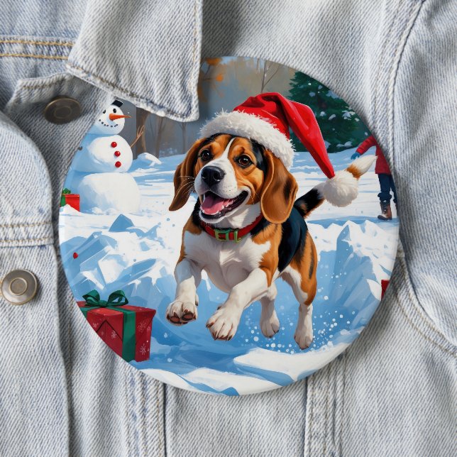 Beagle Christmas Festive Snow Scene Button (In Situ)