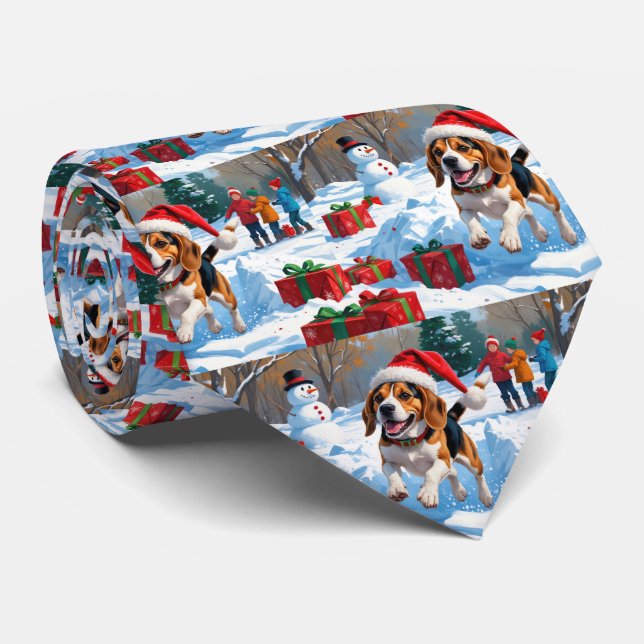Beagle Christmas Festive Snow Scene Neck Tie (Rolled)