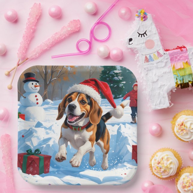 Beagle Christmas Festive Snow Scene Paper Plates (Party)