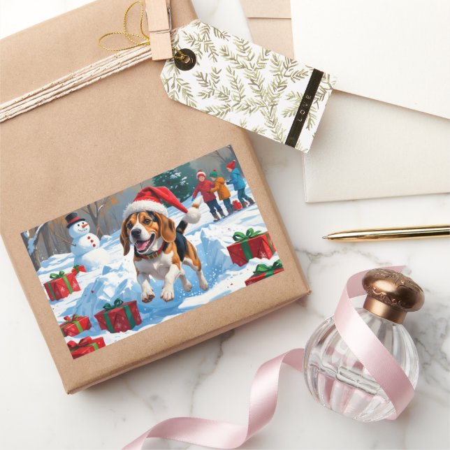 Beagle Christmas Festive Snow Scene Rectangular Sticker (Gifting)