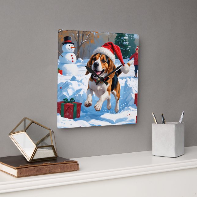 Beagle Christmas Festive Snow Scene Square Wall Clock (Office)