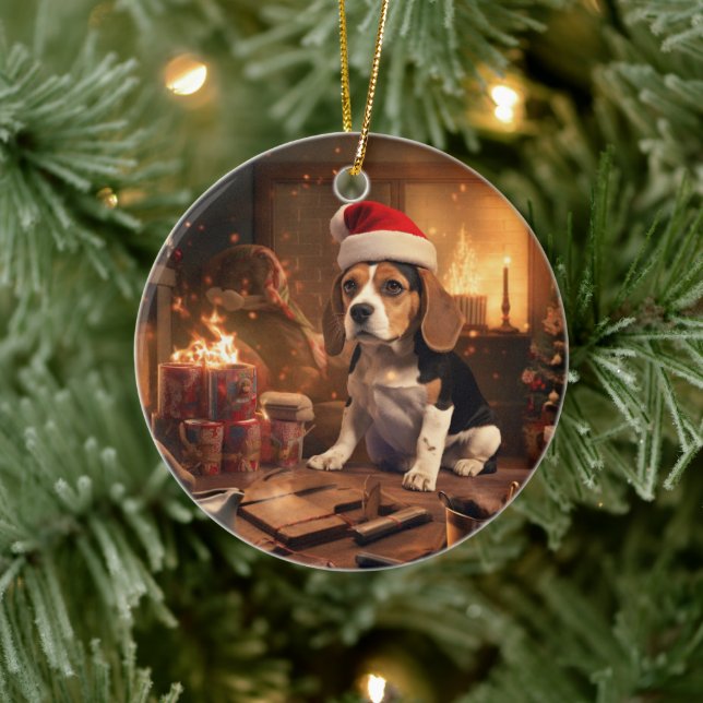 Beagle Christmas, Gift for Beagle Police Lover Ceramic Ornament (Tree)