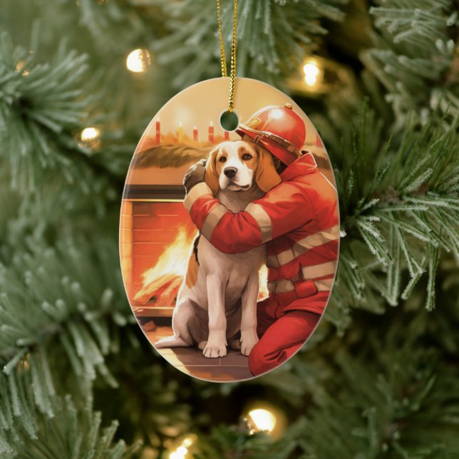 Beagle Christmas, Gift for Dog Firefighter Lover Ceramic Ornament (Tree)