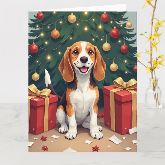 Beagle Christmas Morning Gift-Unboxing Painting Card (Yellow Flower)