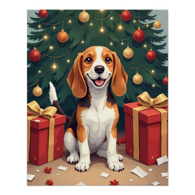 Beagle Christmas Morning Gift-Unboxing Painting Poster (Front)