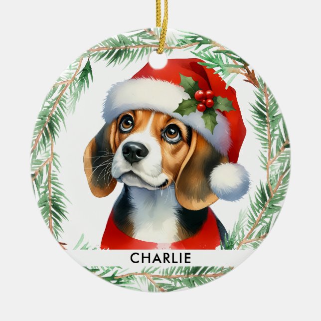 Beagle Christmas Personalized Cute Santa Dog Ceramic Ornament (Front)