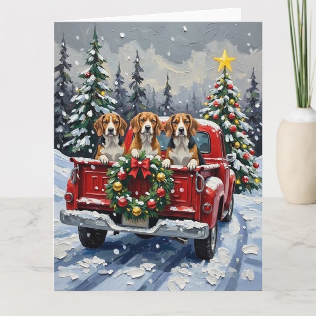 Beagle Christmas Red Truck Holiday Card (Front)