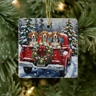 Beagle Christmas Red Truck Holiday Ceramic Ornament