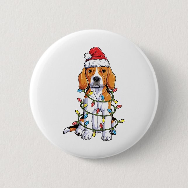 Beagle Christmas Shirt Santa Hat Xmas tree Lights Button (Front)