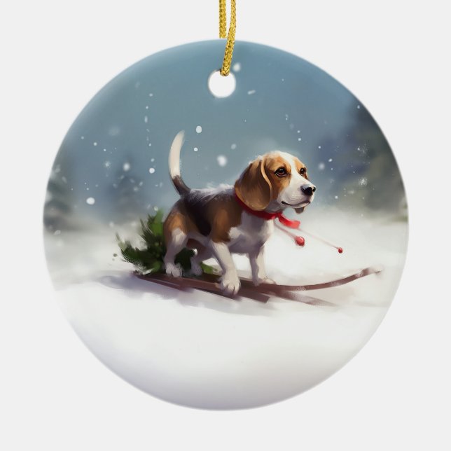 Beagle Christmas snow winter Ceramic Ornament (Front)