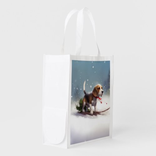 Beagle Christmas snow winter Grocery Bag