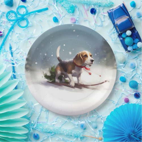 Beagle Christmas snow winter Paper Plates