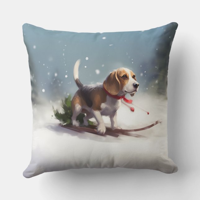 Beagle Christmas snow winter Throw Pillow (Back)