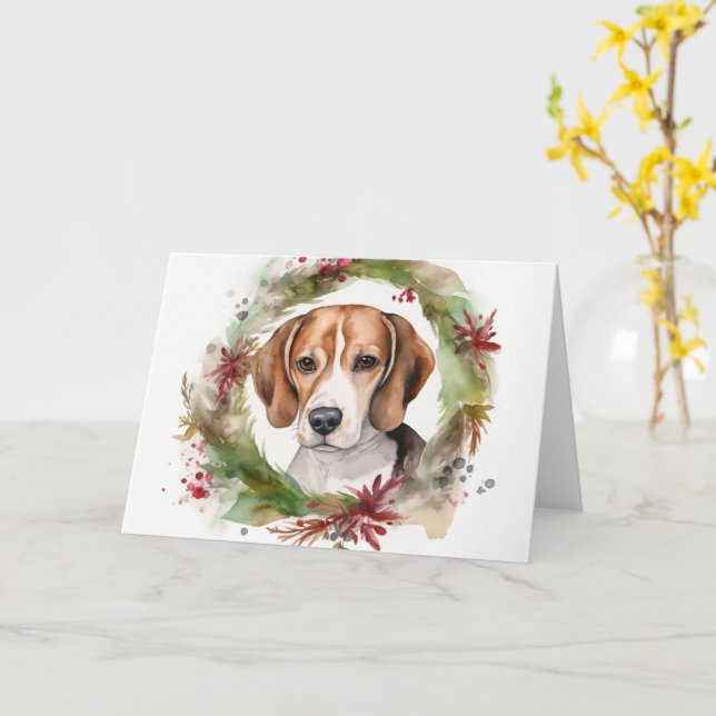 Beagle Christmas Wreath Festive Pup  Card (Yellow Flower)