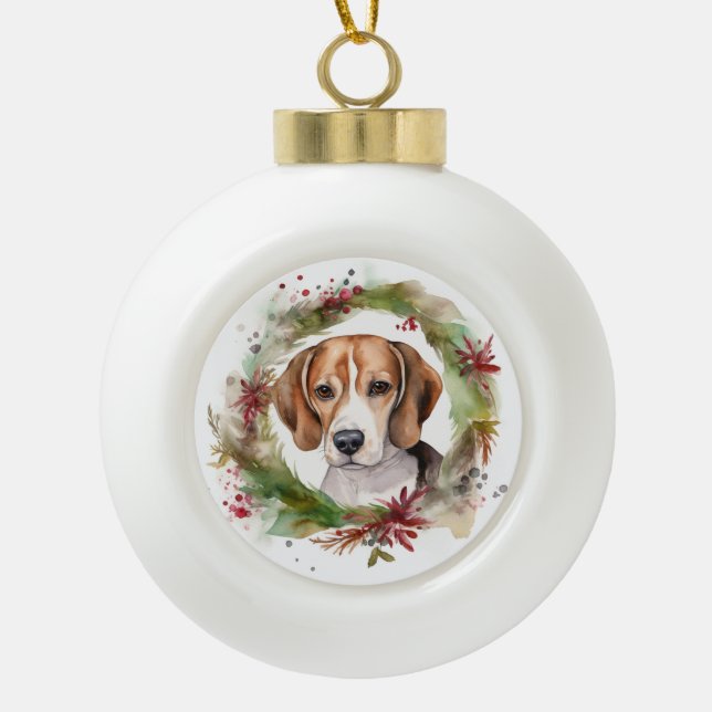 Beagle Christmas Wreath Festive Pup  Ceramic Ball Christmas Ornament (Front)