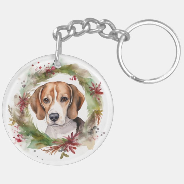 Beagle Christmas Wreath Festive Pup  Keychain (Back Left)