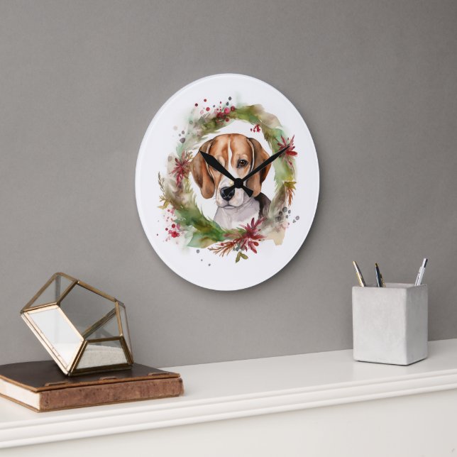Beagle Christmas Wreath Festive Pup  Large Clock (Office)