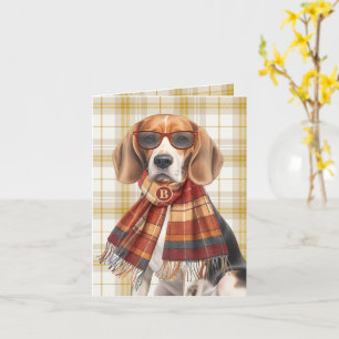 Beagle Dog and Golden Plaid Monogrammed Card