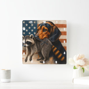 Beagle Dog And Raccoon Illustration With American Square Wall Clock