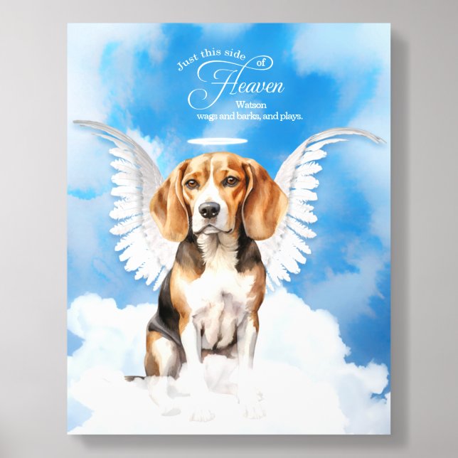 Beagle Dog Angel Wings Name Memorial Acrylic Photo Tile (Front Set)