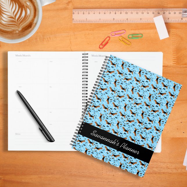 Beagle Dog Beagles Hound Pattern Blue Planner (Beagles Pattern Weekly Monthlyl Planner in blue)