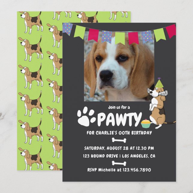 Beagle Dog Birthday photo invitation (Front/Back)