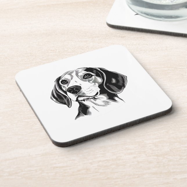 Beagle Dog Black and White Outline Silhouette Beverage Coaster (Left Side)