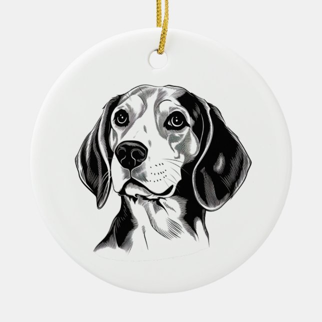 Beagle Dog Black and White Outline Silhouette Ceramic Ornament (Front)