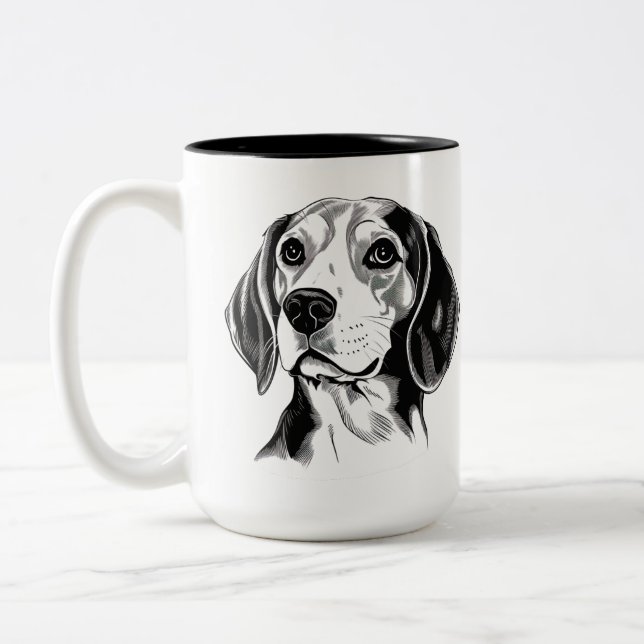 Beagle Dog Black and White Outline Silhouette Two-Tone Coffee Mug (Left)