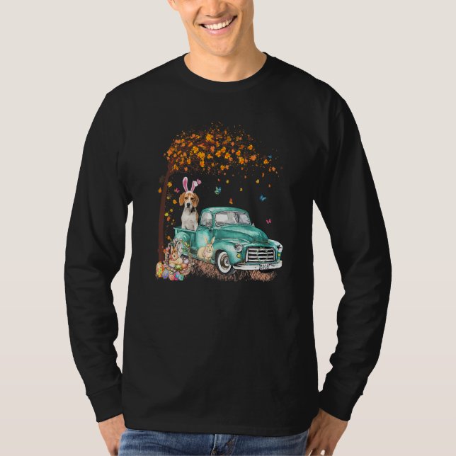 Beagle  Dog Bunny Truck Hippie Hunt Egg Tree Easte T-Shirt (Front)
