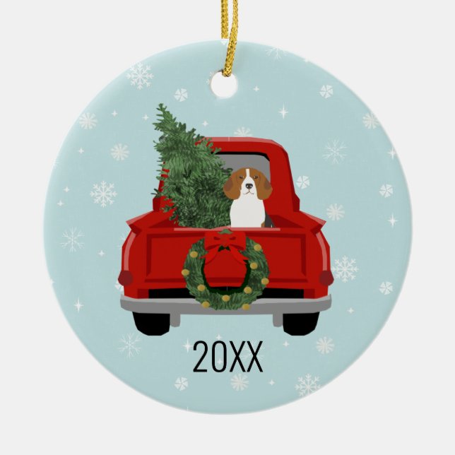 Beagle dog christmas red truck ceramic ornament (Front)