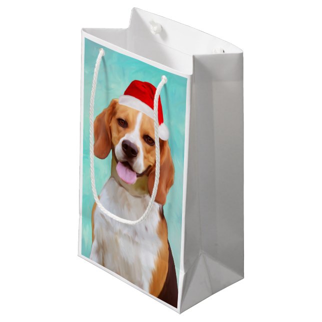 Beagle Dog Christmas Santa Hat Portrait Small Gift Bag (Front Angled)