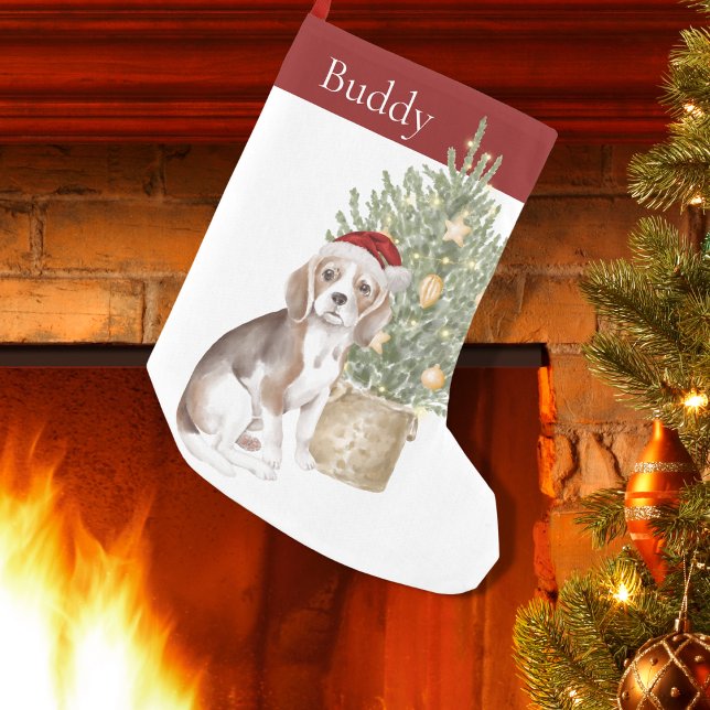 Beagle Dog Christmas Tree Watercolor Pet Small Christmas Stocking (Creator Uploaded)