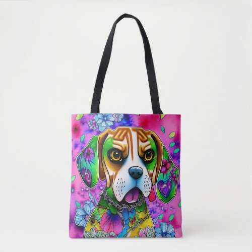 Beagle Dog Colorful Flowers Tote Bag