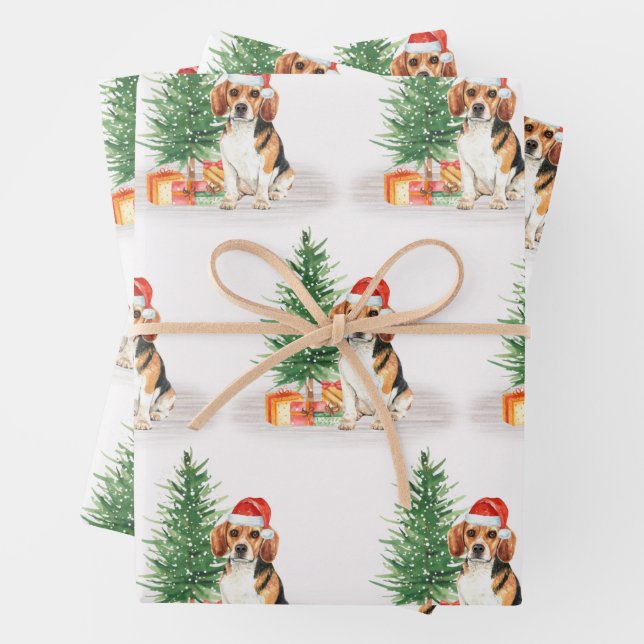 Beagle Dog Cute Santa Festive Christmas Wrapping Paper Sheets (In situ)