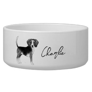 Beagle Dog Design In Black And White With Name Bowl