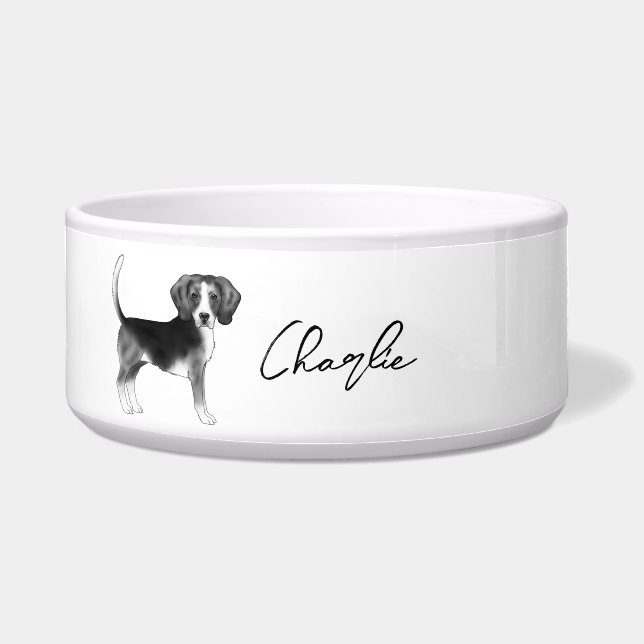 Beagle Dog Design In Black And White With Name Bowl (Front)