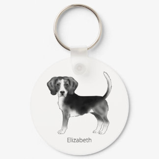 Beagle Dog Design In Black And White With Name Keychain