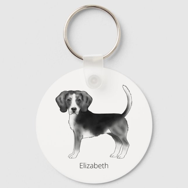 Beagle Dog Design In Black And White With Name Keychain (Front)