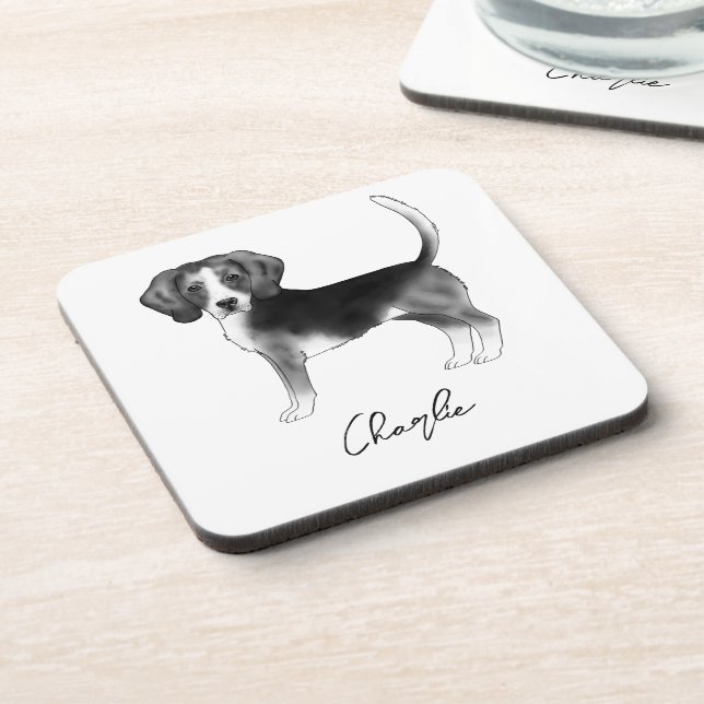 Beagle Dog Design In Black And White With Text Beverage Coaster (Left Side)