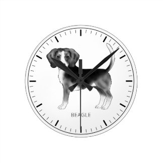 Beagle Dog Design In Black And White With Text Round Clock