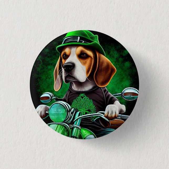 Beagle Dog driving bike St. Patrick's Day Button (Front)