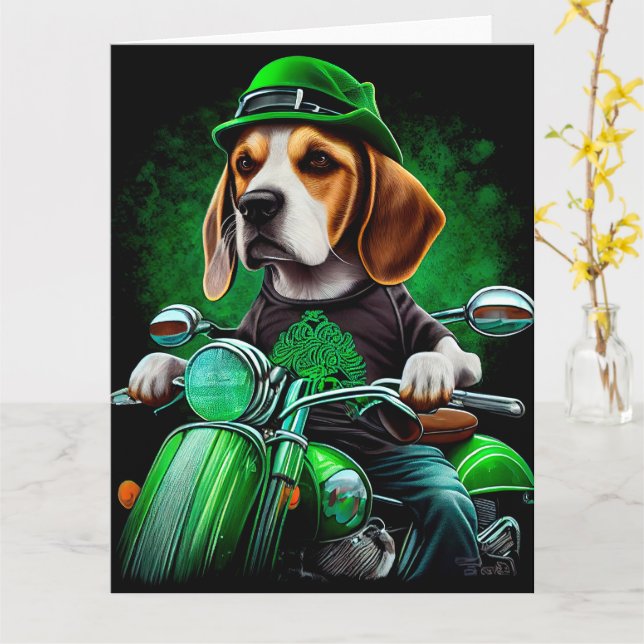 Beagle Dog driving bike St. Patrick's Day Card (Yellow Flower)