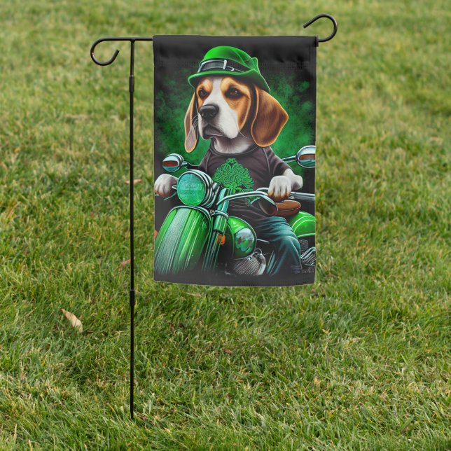 Beagle Dog driving bike St. Patrick's Day Garden Flag (In SItu)