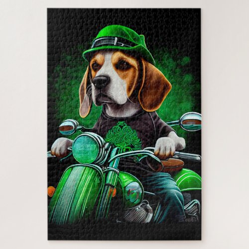 Beagle Dog driving bike St Patricks Day  Jigsaw Puzzle