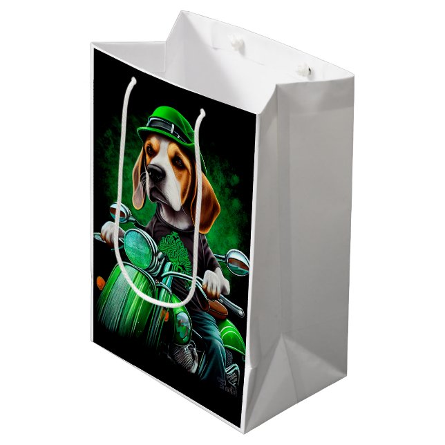 Beagle Dog driving bike St. Patrick's Day Medium Gift Bag (Front Angled)