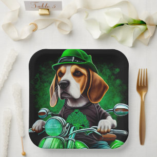 Beagle Dog driving bike St. Patrick's Day Paper Plates