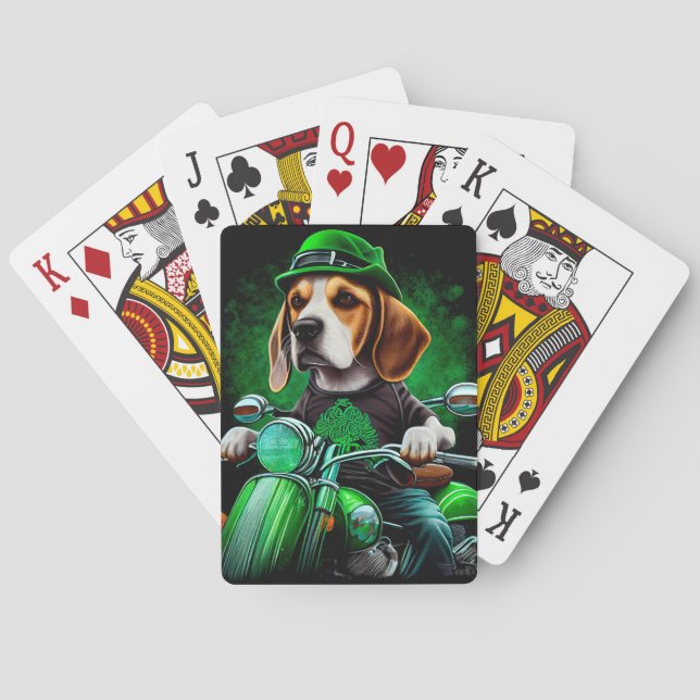 Beagle Dog driving bike St. Patrick's Day Poker Cards (Back)